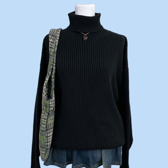 vintage 90s black indie skater grunge ribbed turtleneck sweater - Picture 1 of 7